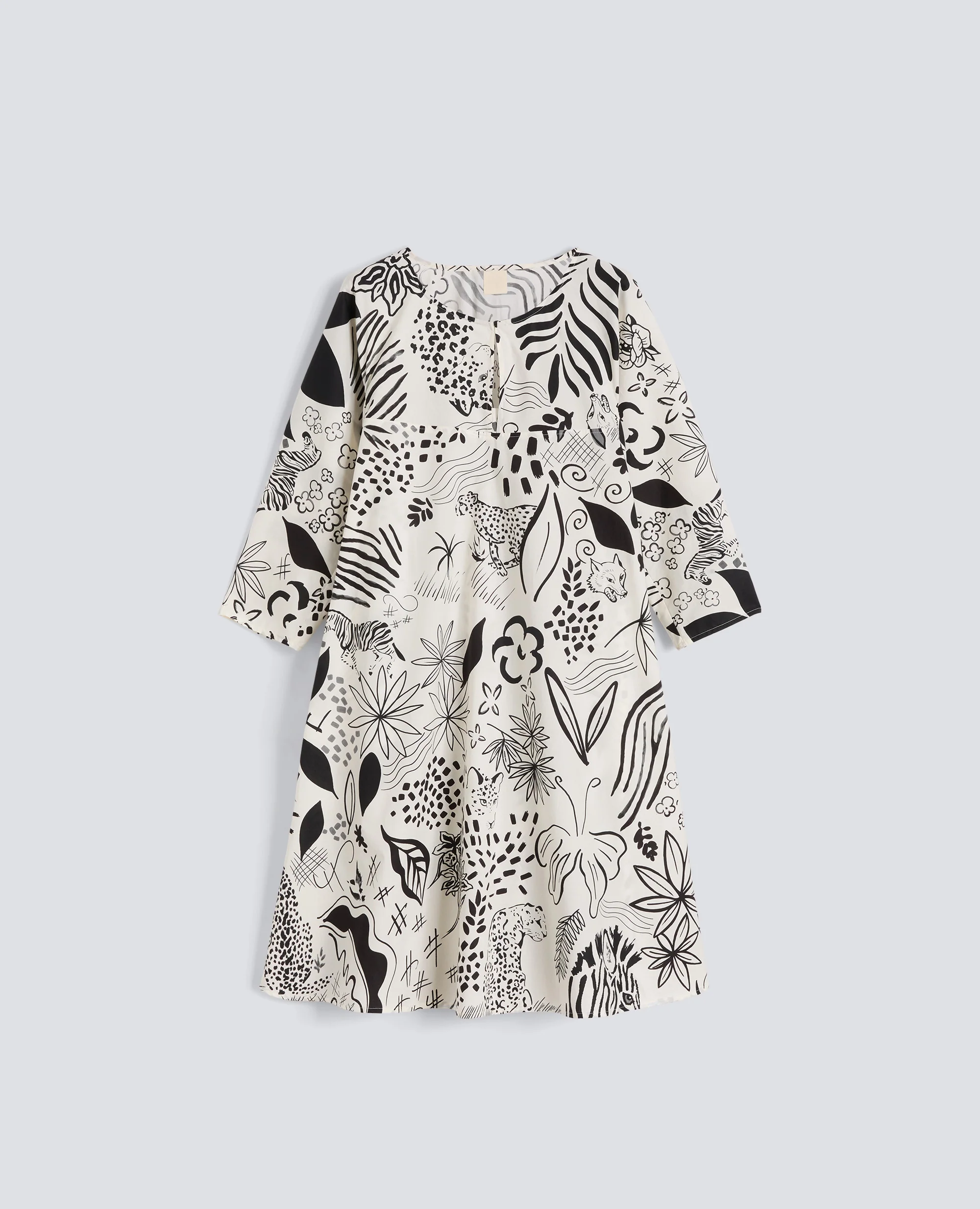 ABITO IN POPELINE COTONE STAMPA JUNGLE - AA CAPSULE COLLECTION - FIORE BIANCO