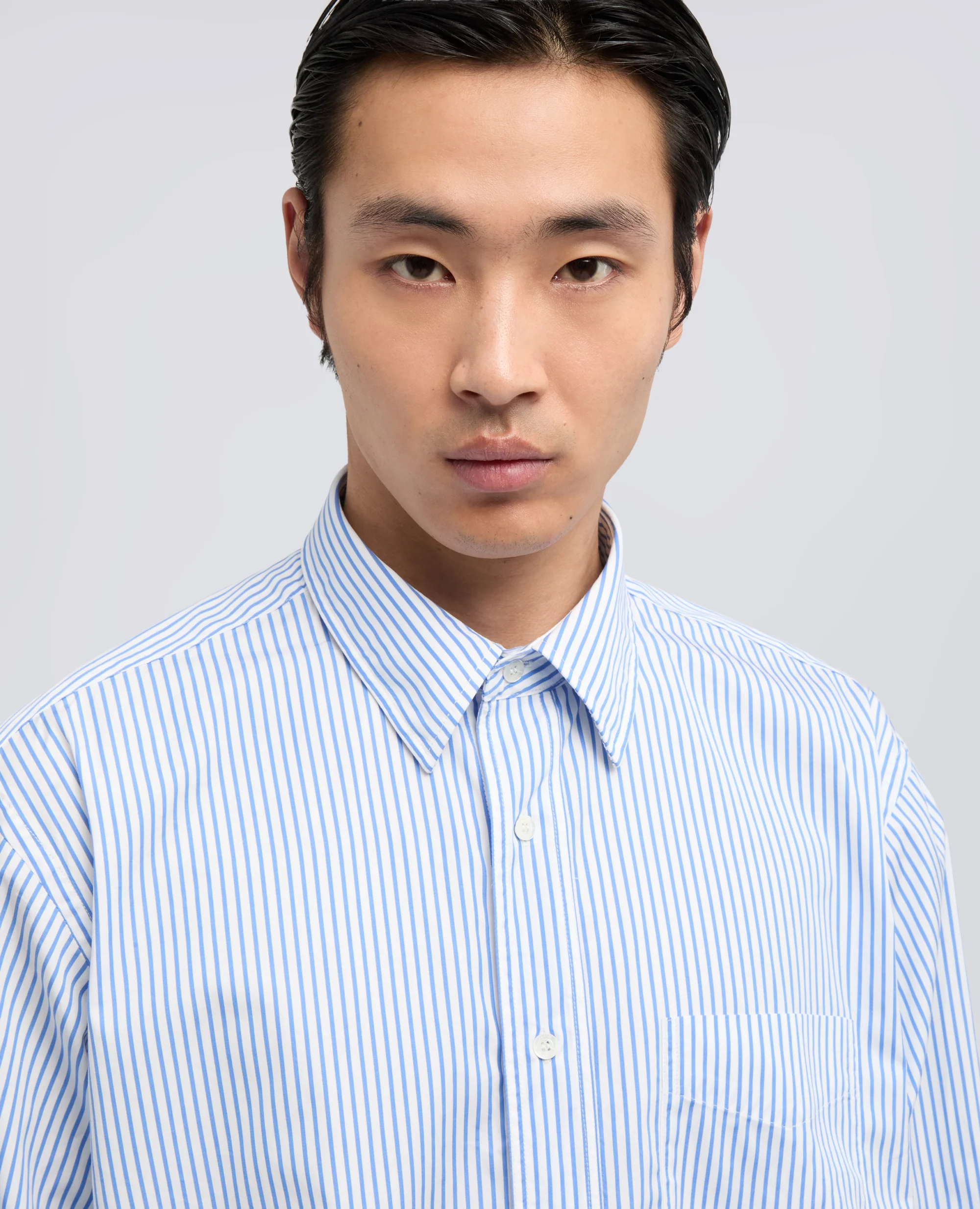 CAMICIA IN CHAMBRAY DI COTONE GIAPPONESE - RIGA AZZURRO - Image 4