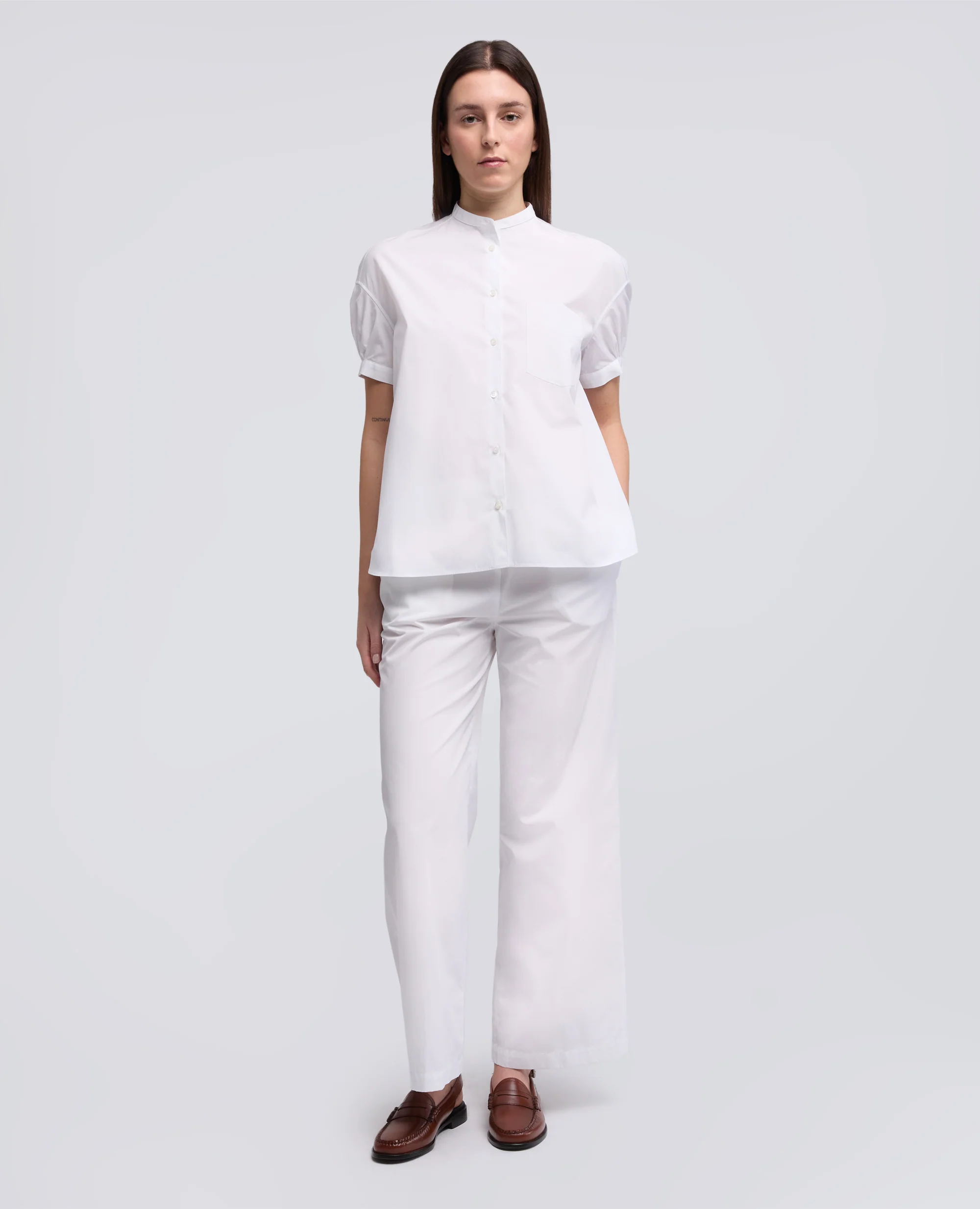 CAMICIA IN POPELINE DI PURO COTONE CON COLLO ALLA COREANA - BIANCO - Image 2