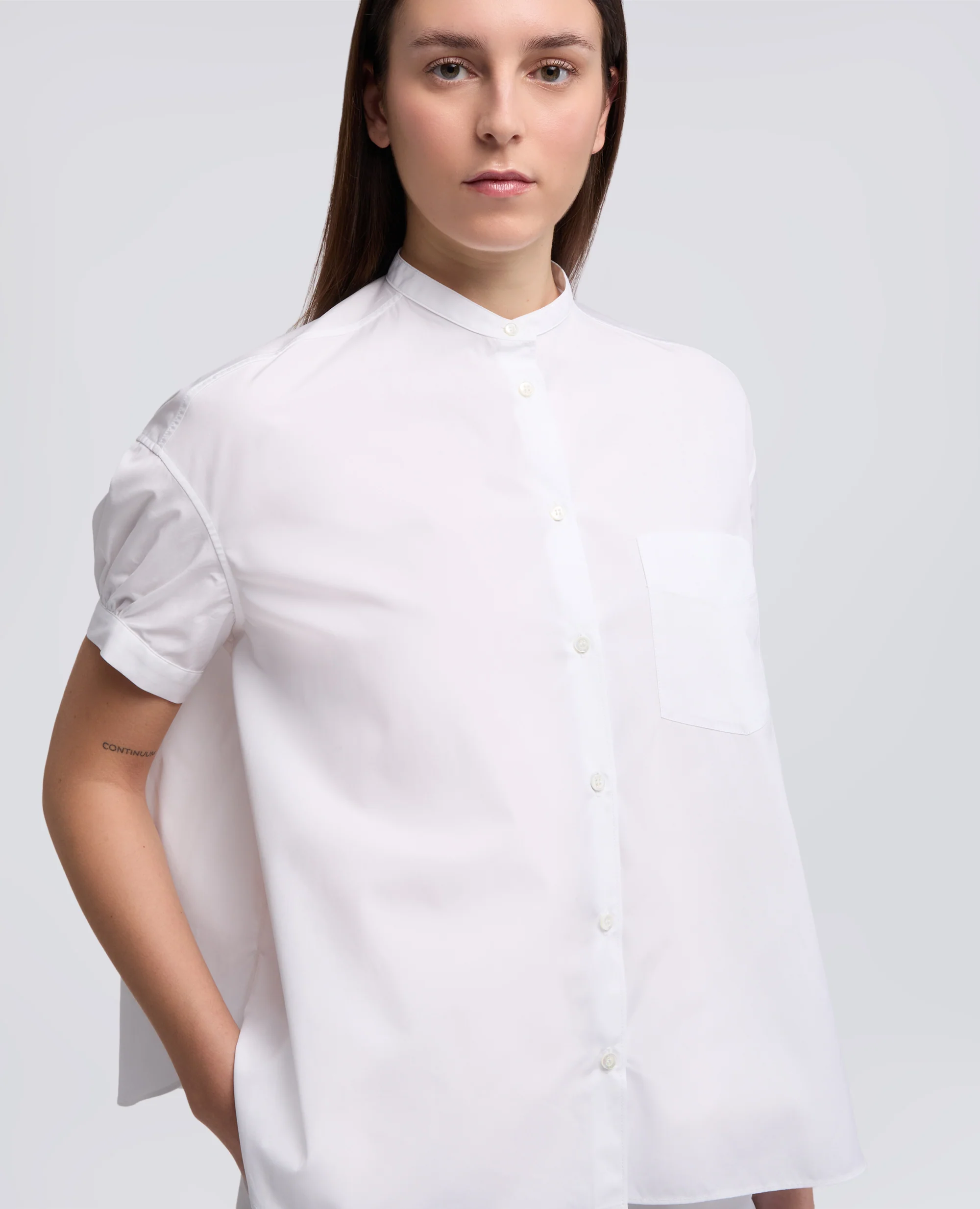 CAMICIA IN POPELINE DI PURO COTONE CON COLLO ALLA COREANA - BIANCO - Image 4