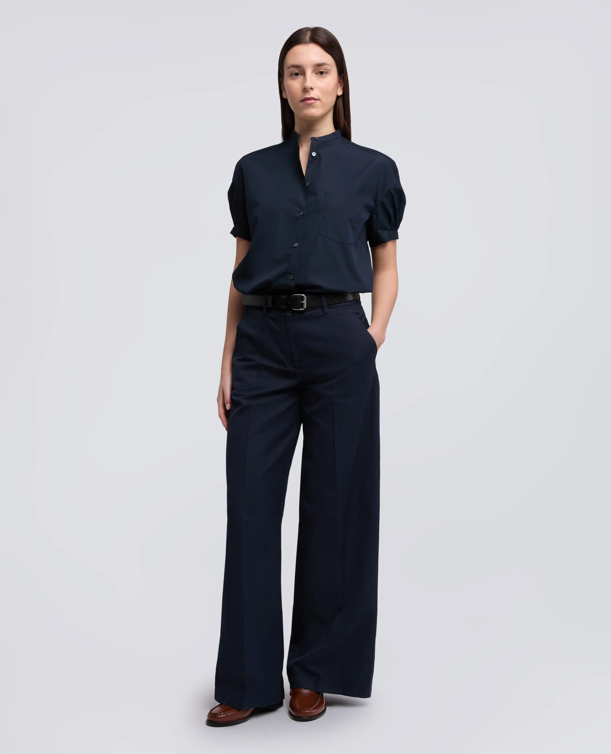 CAMICIA IN POPELINE DI PURO COTONE CON COLLO ALLA COREANA - NAVY - Image 2