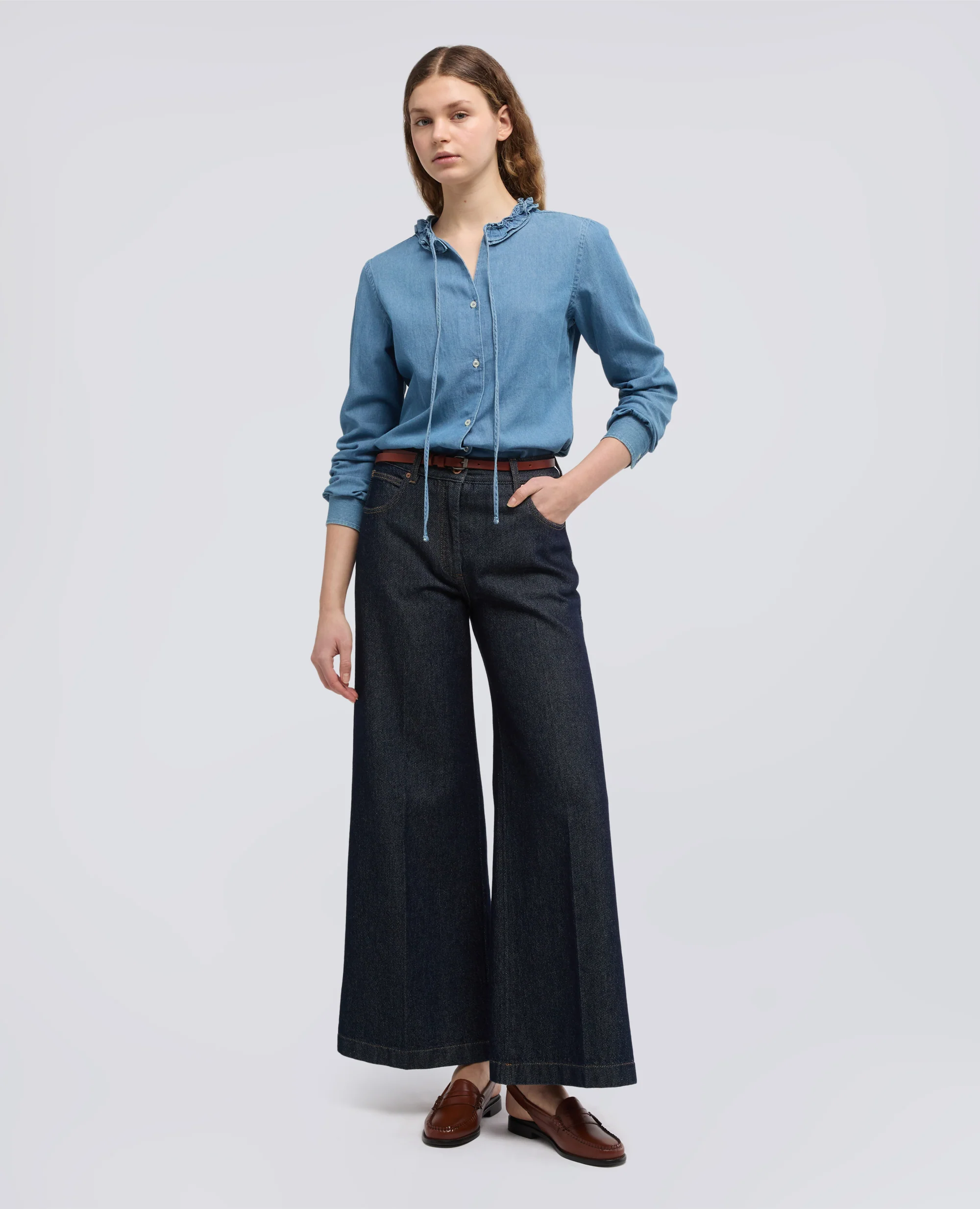 CAMICIA GIROCOLLO IN DENIM - DENIM - Image 2