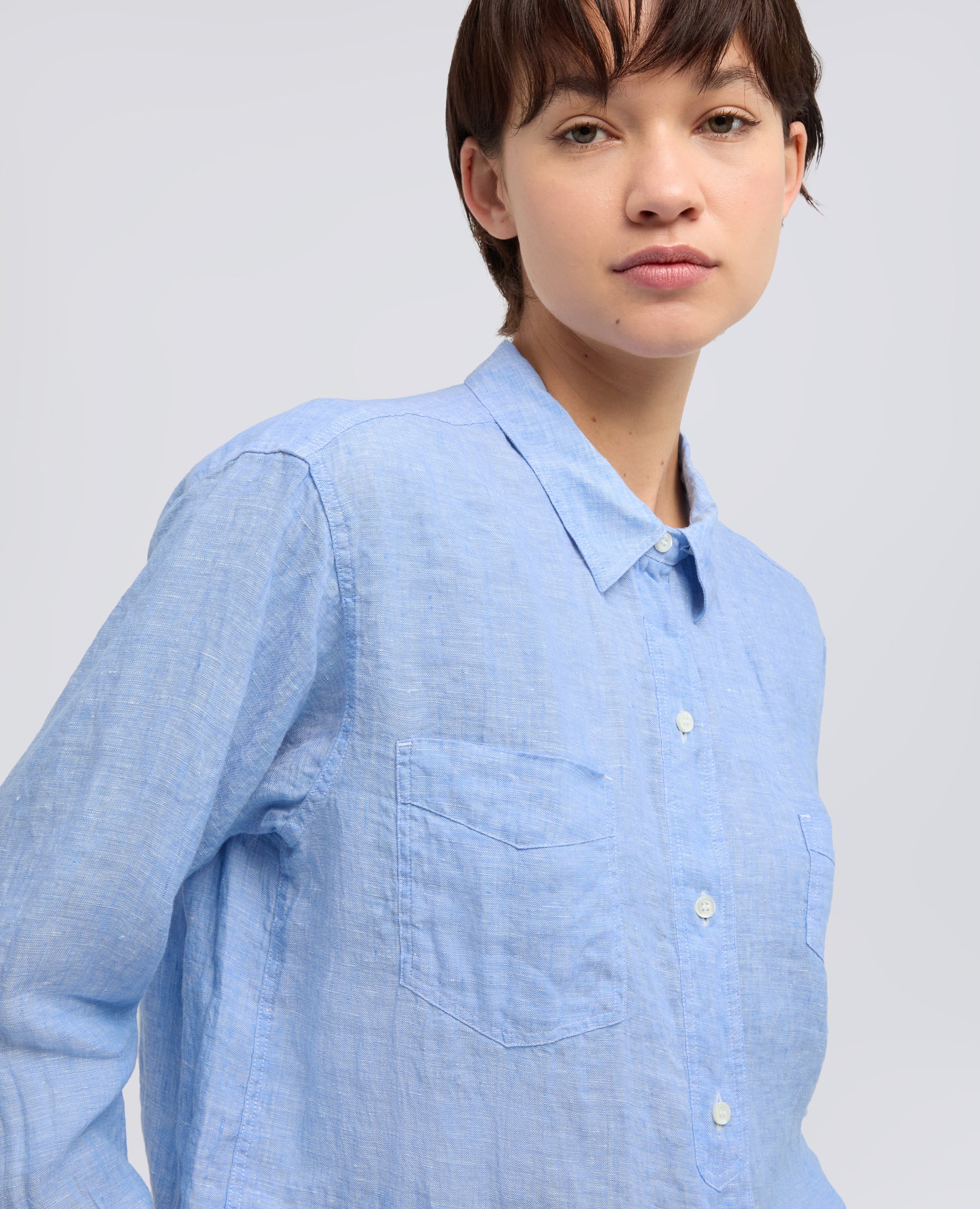 CAMICIA GIROCOLLO IN LINO DELAVE - AZZURRO - Image 4