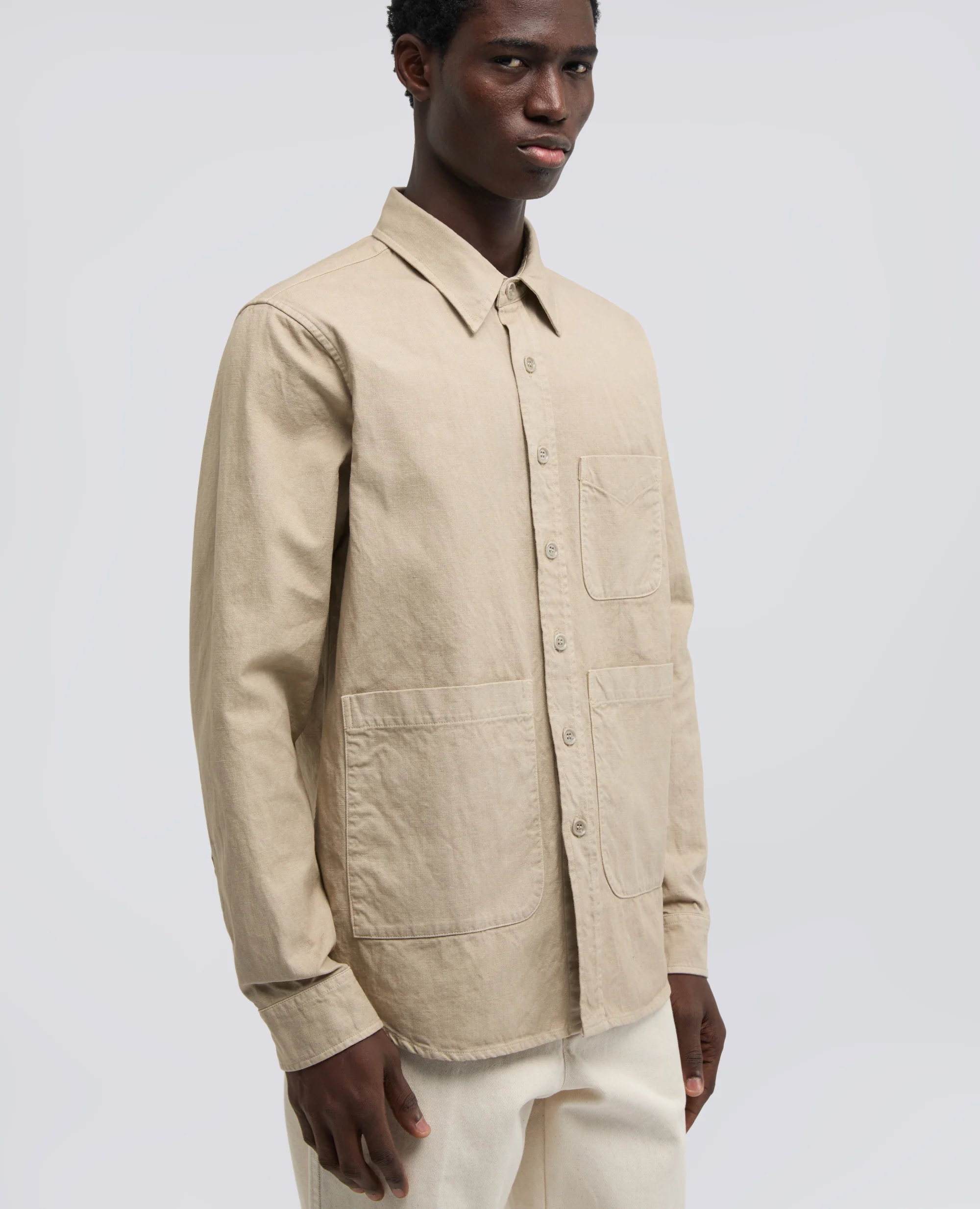 CAMICIA UTILITY IN GABARDINA DI COTONE-LINO - BEIGE - Image 4