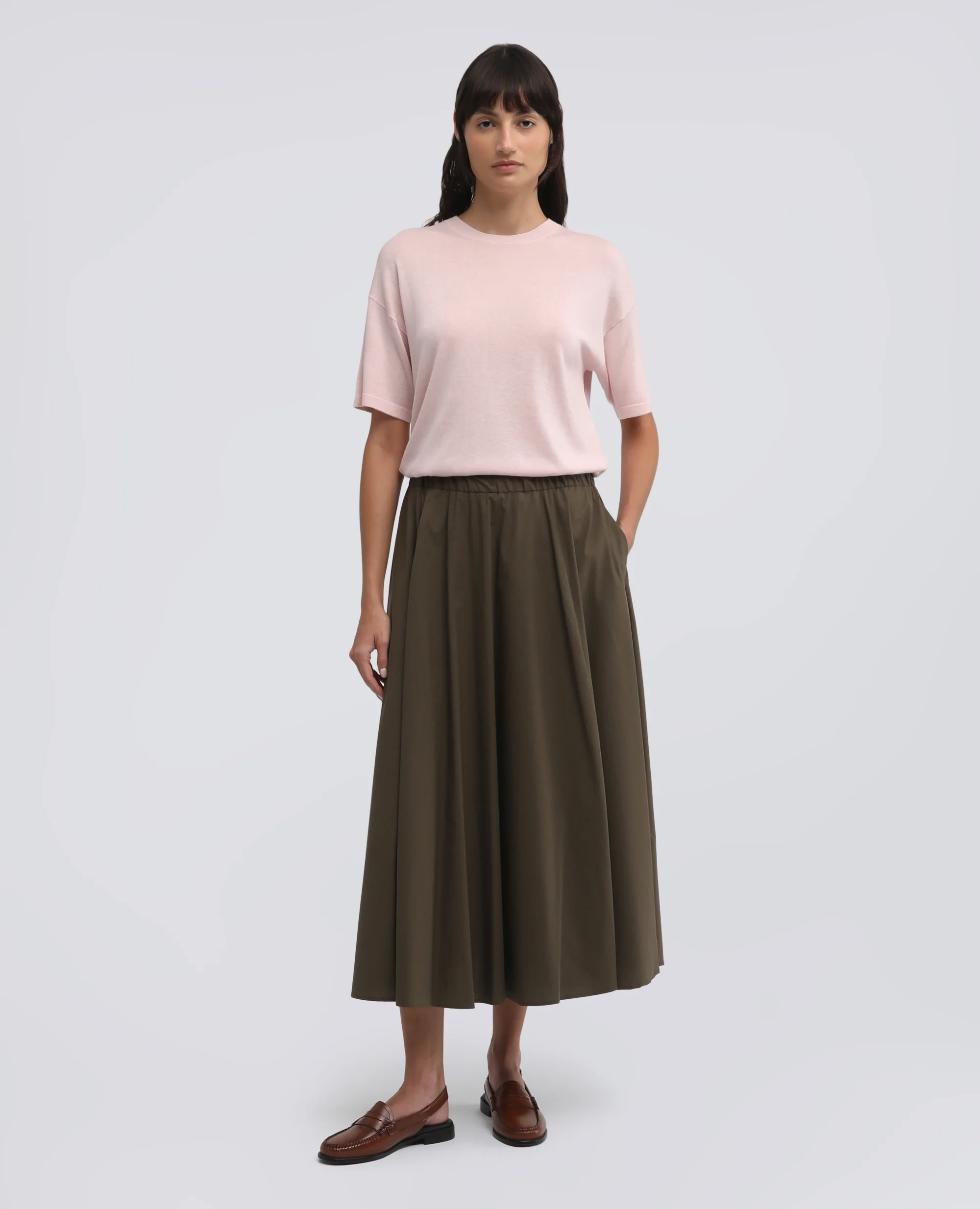 GONNA IN POPELINE COTONE E NYLON STRETCH - MILITARE - Image 2