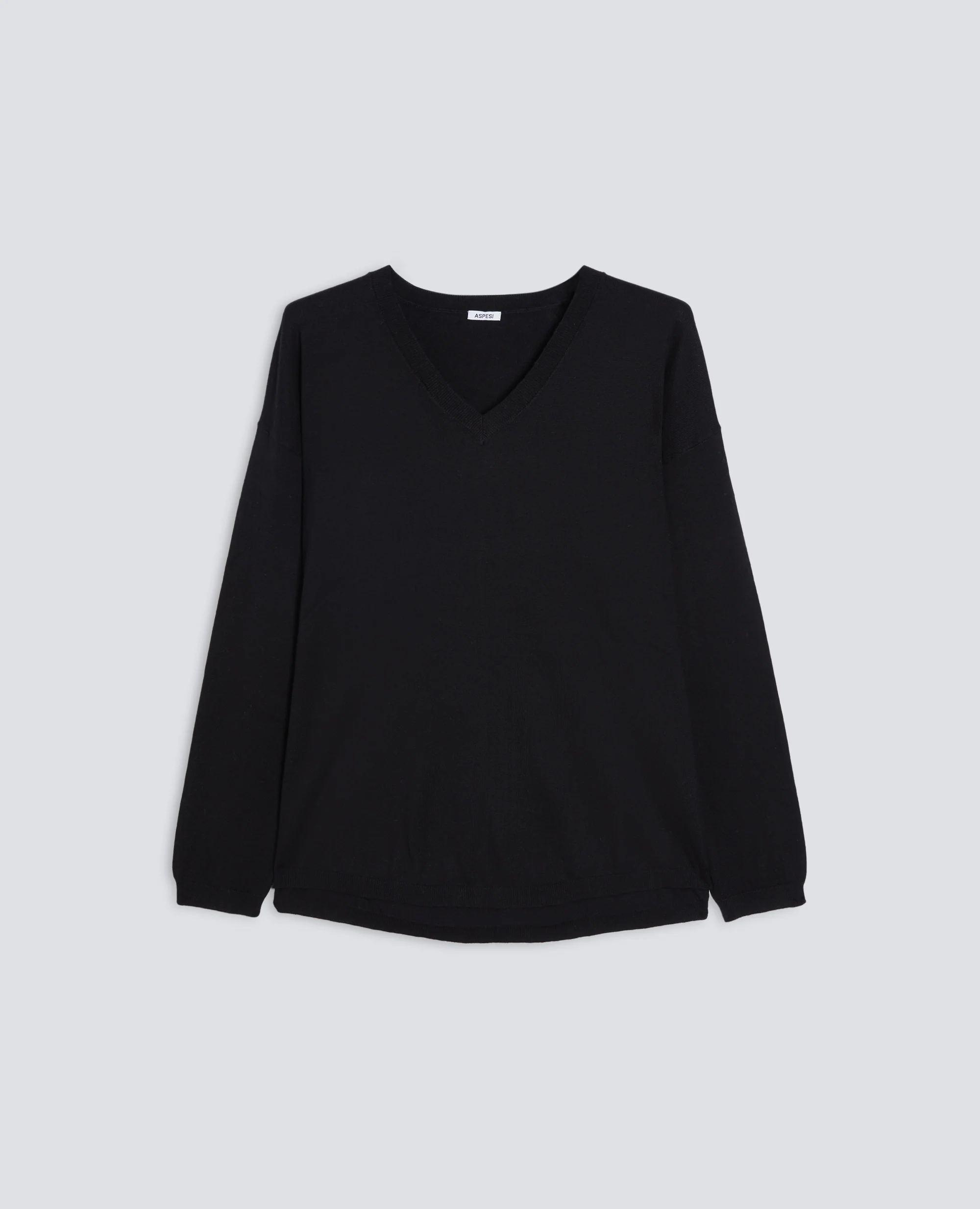 MAGLIA IN MISTO COTONE, LANA E CASHMERE CON SCOLLO A V - NERO