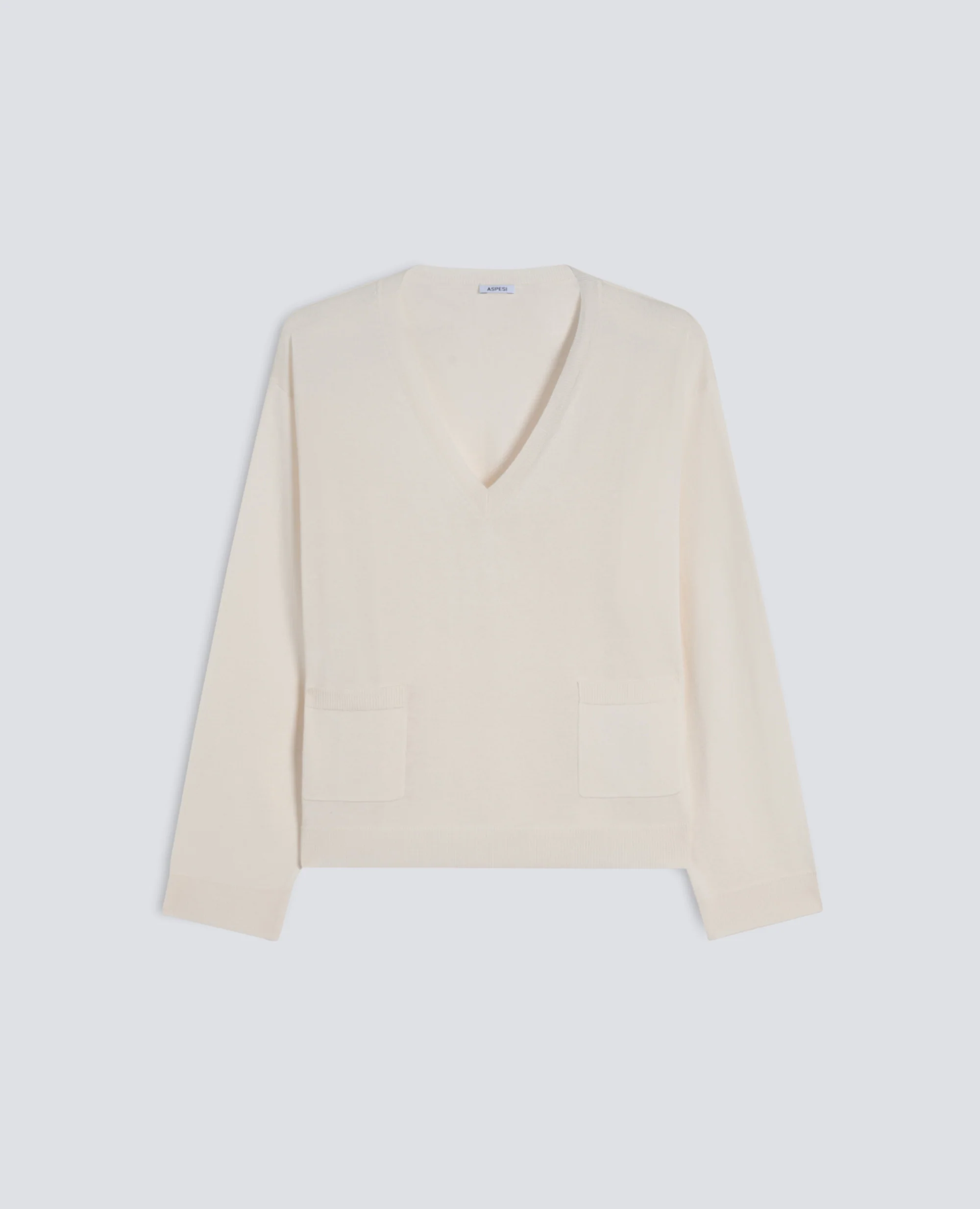 MAGLIA A MANICHE LUNGHE CON SCOLLO A "V" IN FILATO DI SETA, COTONE E CASHMERE - BIANCO