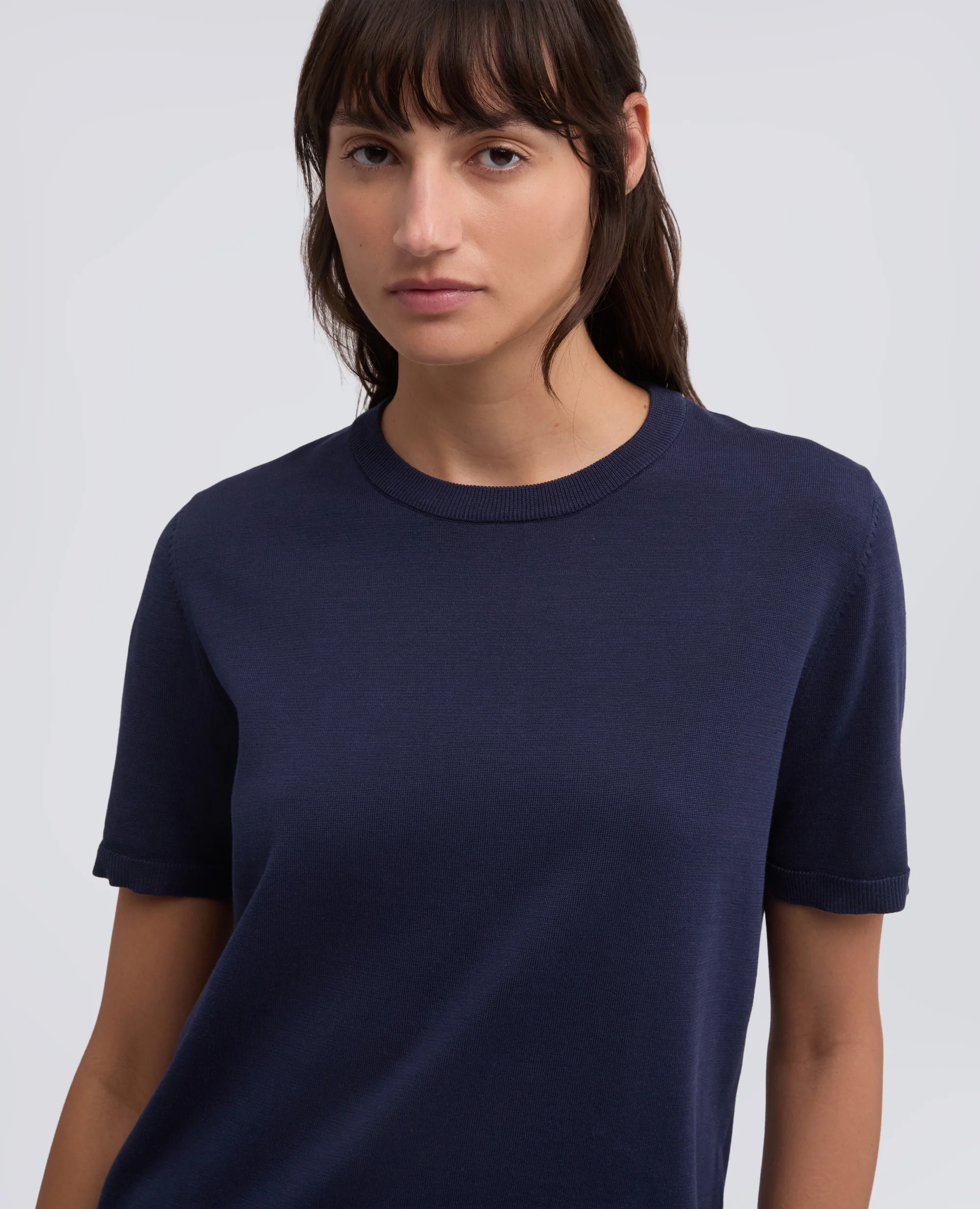 T-SHIRT GIROCOLLO IN MISTO COTONE, SETA E LINO - NAVY - Image 4