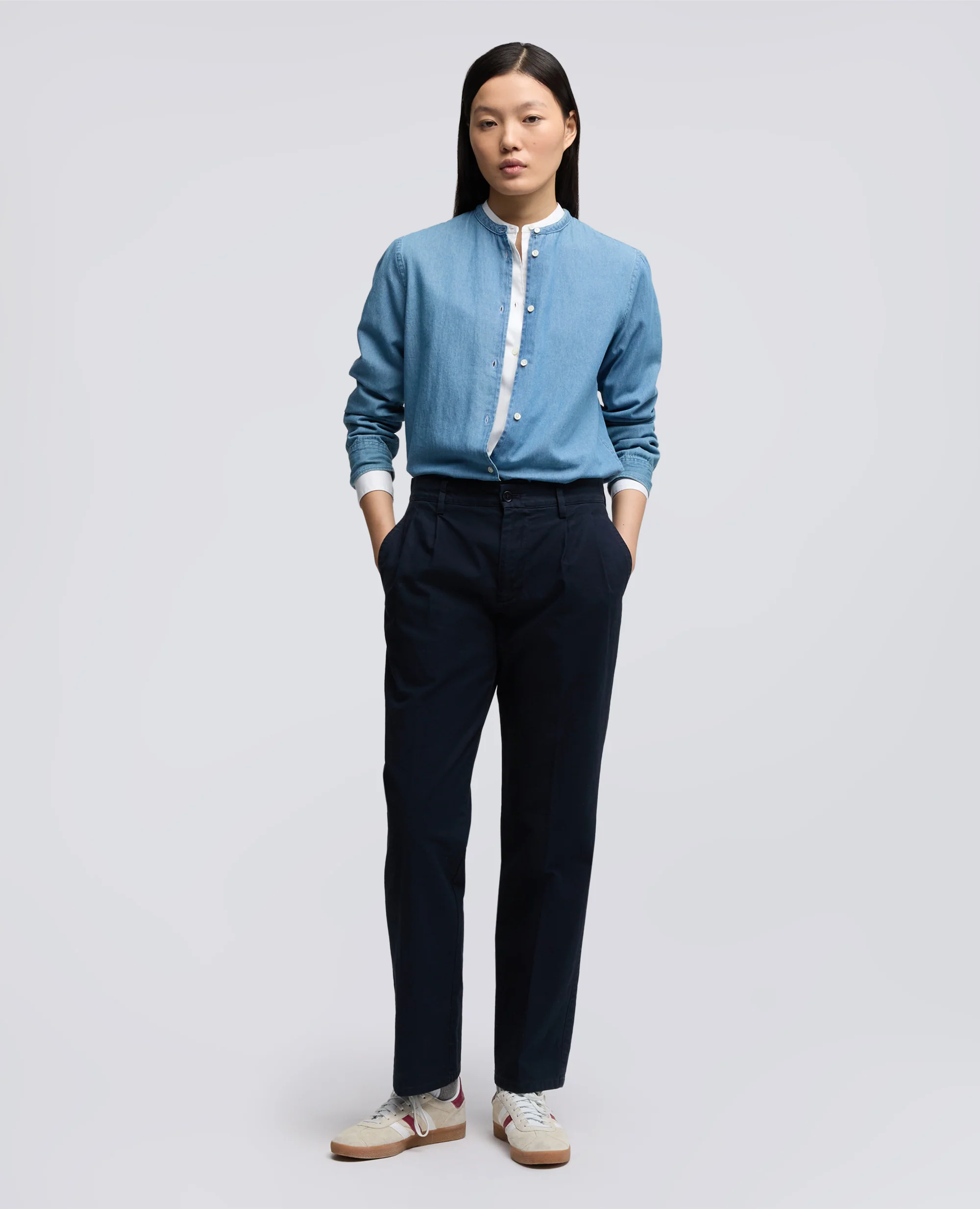 PANTALONE IN GABARDINA DI COTONE CON PINCES - NAVY - Image 2