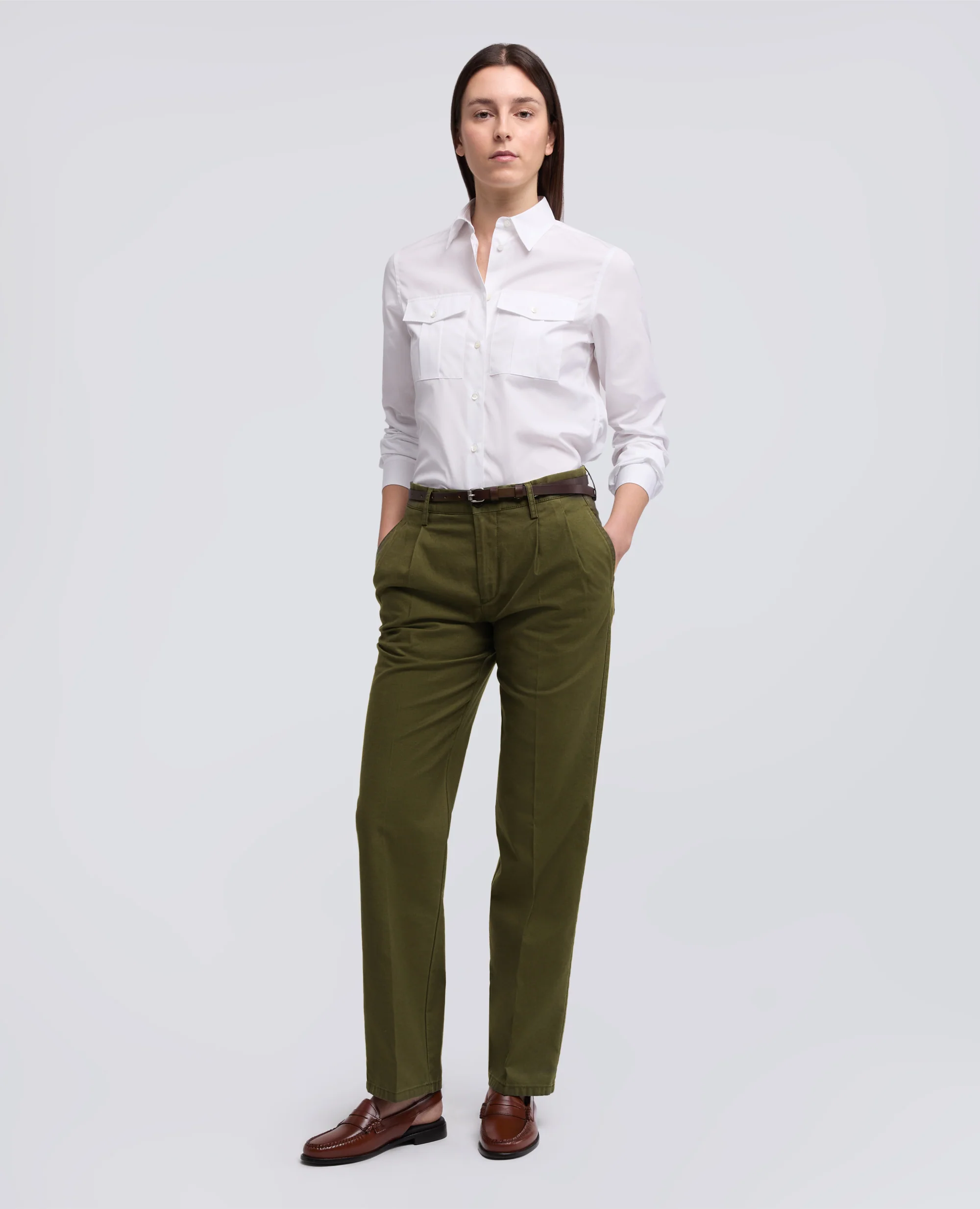 PANTALONE IN GABARDINA DI COTONE CON PINCES - MILITARE - Image 2