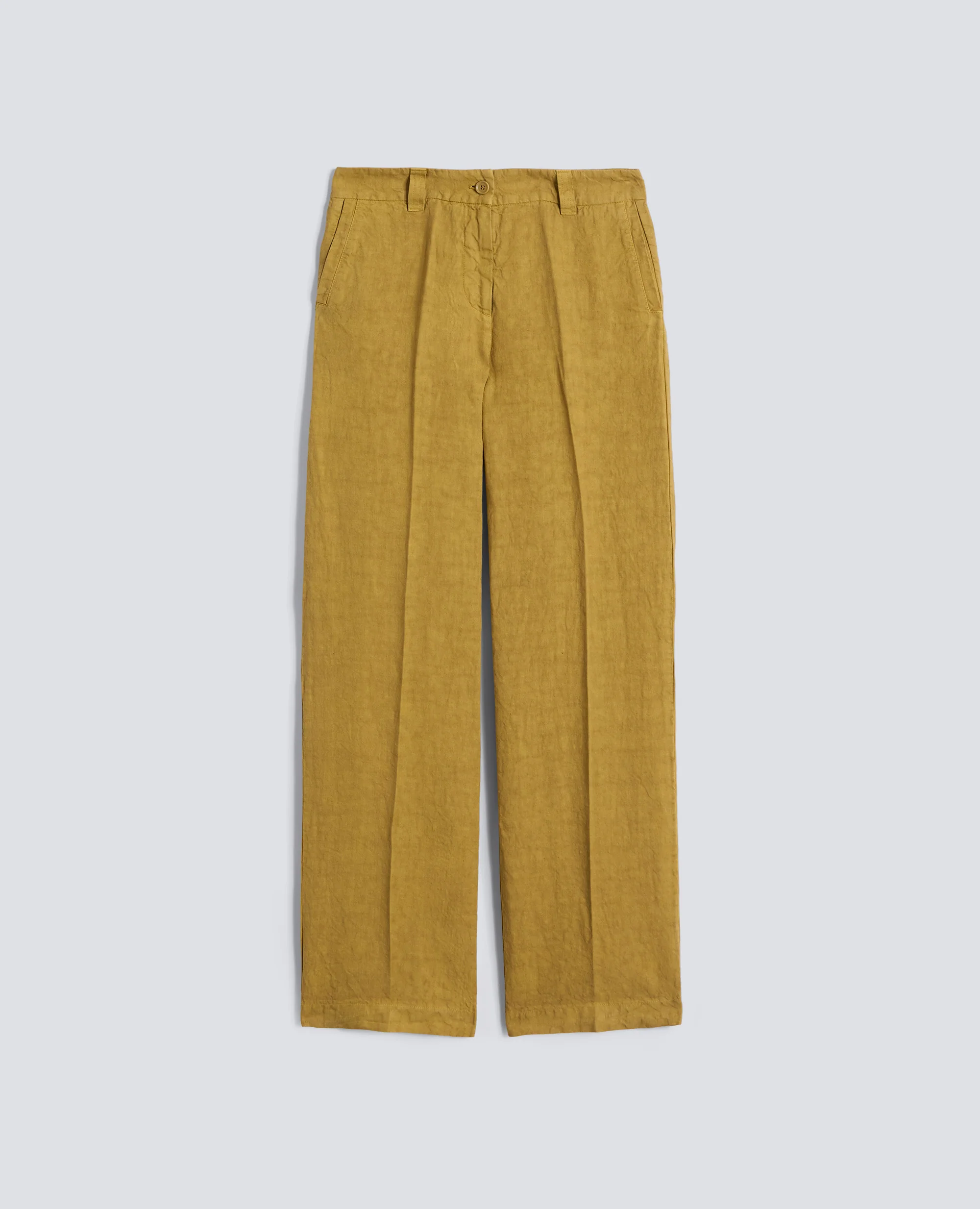 PANTALONE IN LINO FIAMMATO COMPATTO TINTO CAPO - SENAPE