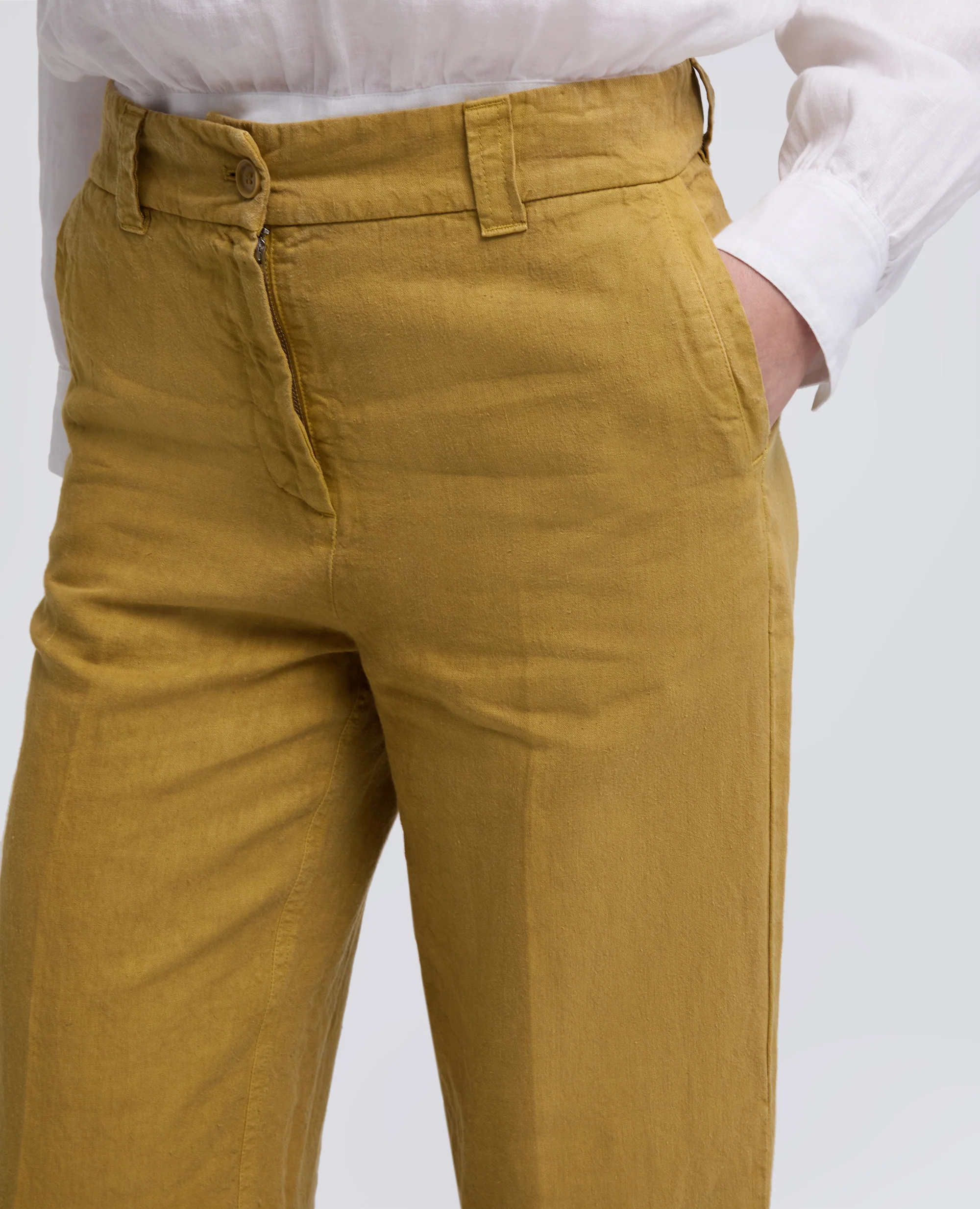 PANTALONE IN LINO FIAMMATO COMPATTO TINTO CAPO - SENAPE - Image 4
