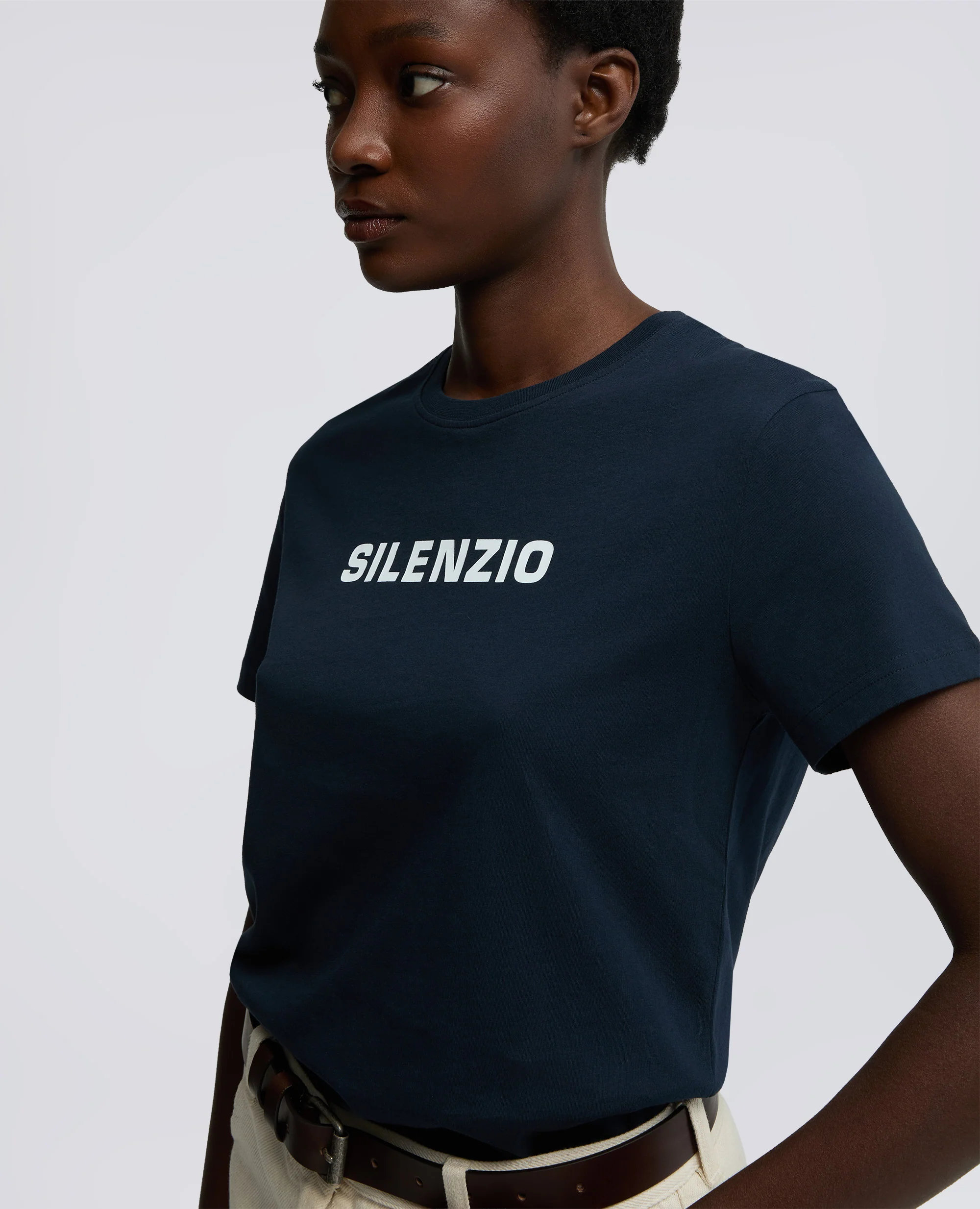 TSHIRT IN JERSEY DI COTONE CON STAMPA "SILENZIO" - NAVY - Image 4